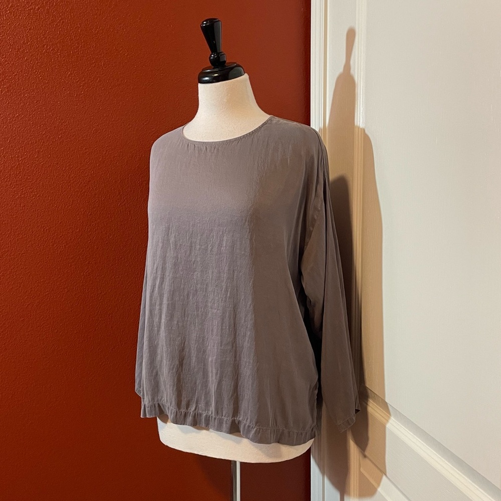Eileen Fisher Women’s‎ Mauve 100% Silk Scoop Neck Gray Long Sleeve Tie Back Top